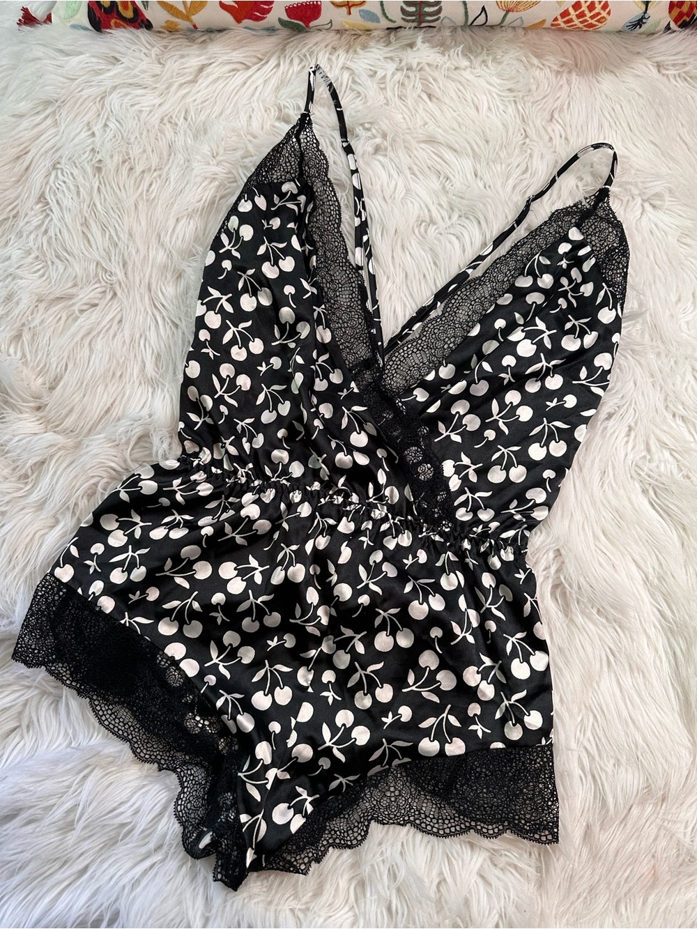 VS • 2017 Cherry Print Silky Lace Trim Cross Back Teddy Lingerie